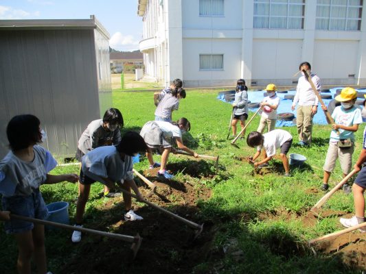 昔の川を掘る工事を追体験する子供たち